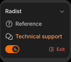 The bottom of the RadistWeb menu in the dark theme: the theme switch and the "Exit" button