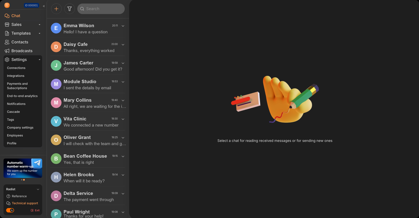The dark theme: the \"Chat\" section The RadistWeb account in the dark theme