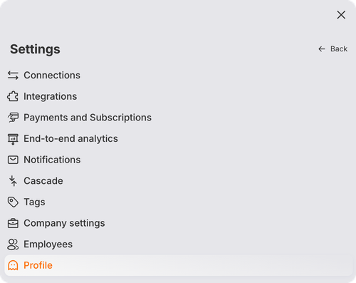 The second screen with subsections and the \"Back\" button The RadistWeb menu on a phone: the subsections of “Settings” and the “Back” button