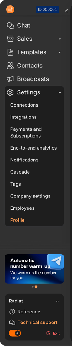 The subsections of \"Settings\" expand right in the menu The expanded “Settings” section in the RadistWeb side menu