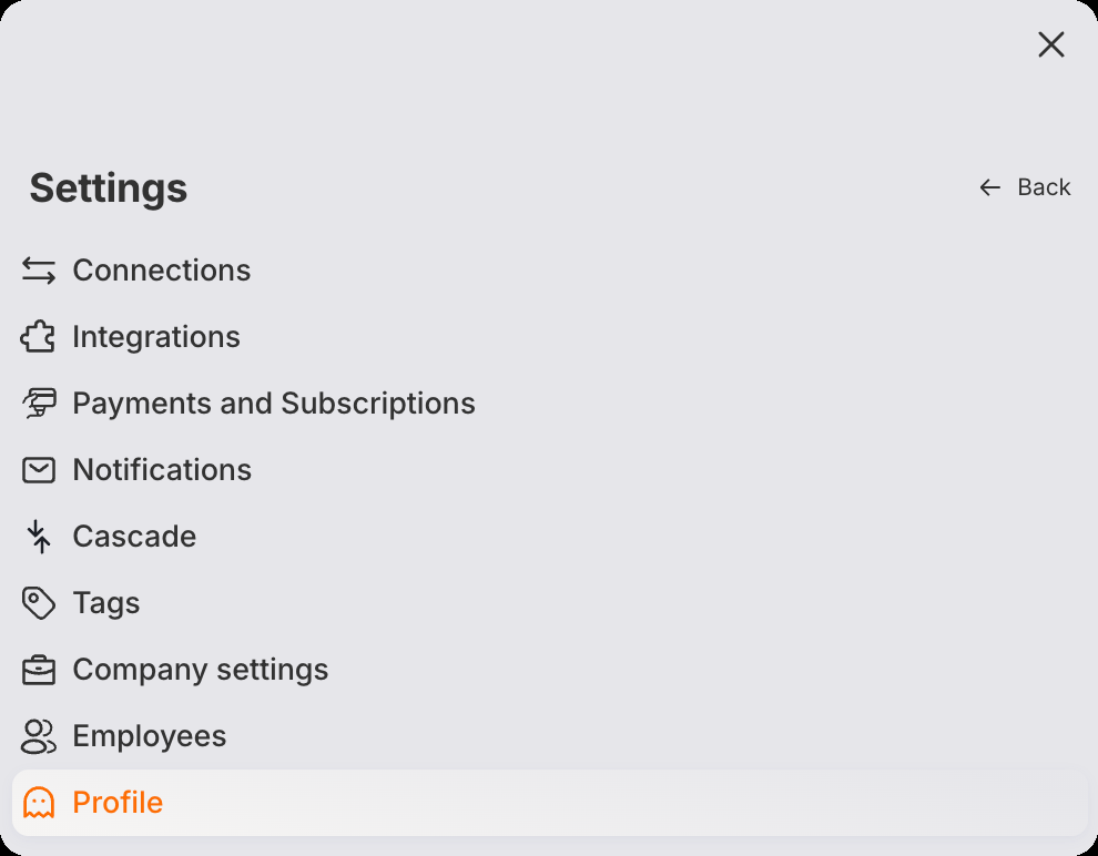The RadistWeb menu on a phone: the subsections of “Settings” and the “Back” button