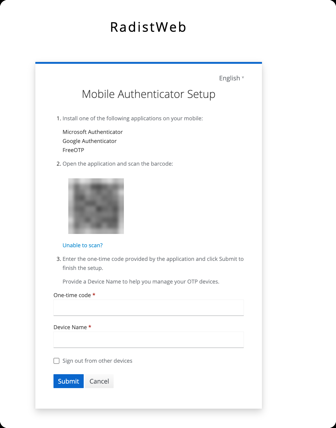 The “Mobile Authenticator Setup” screen: list of apps, QR code and the one-time code field