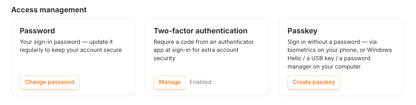 The Access management block: password, two-factor authentication and passkey