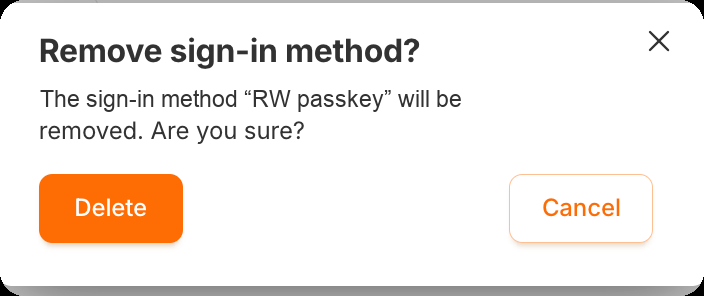 The Remove sign-in method window with Delete and Cancel buttons