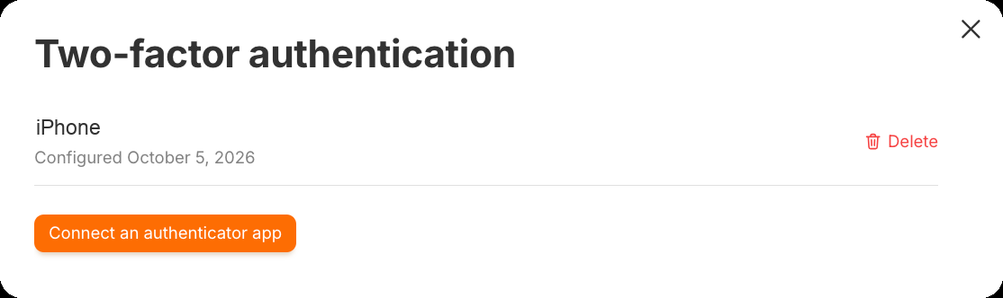 The Two-factor authentication panel: connected device, setup date and the Delete button