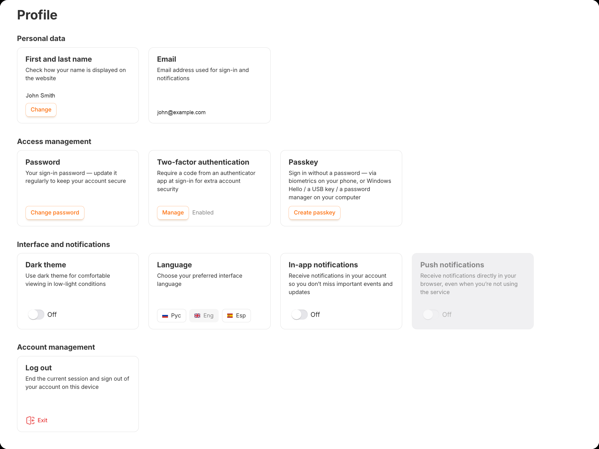 The Profile section in RadistWeb: personal data, access management, interface and notifications, account management