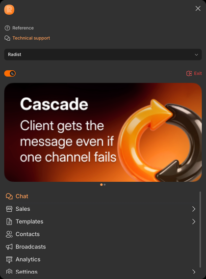 The RadistWeb menu on a phone in the dark theme: the theme switch and the "Exit" button