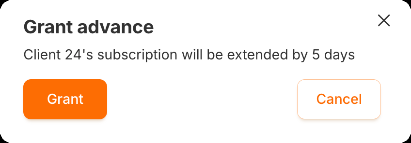The “Grant advance” confirmation window with the “Grant” and “Cancel” buttons