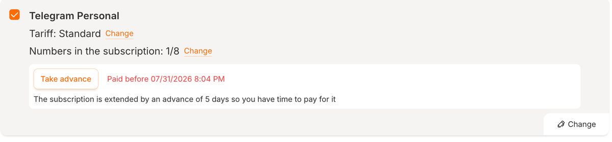 The “Take advance” button in the Telegram Personal subscription card