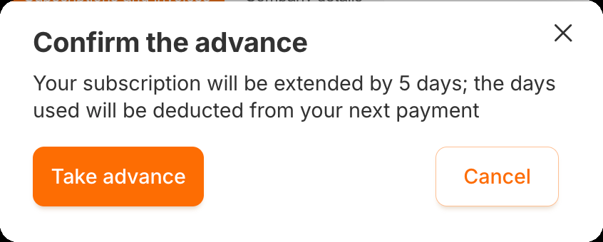 The “Confirm the advance” window with the “Take advance” and “Cancel” buttons