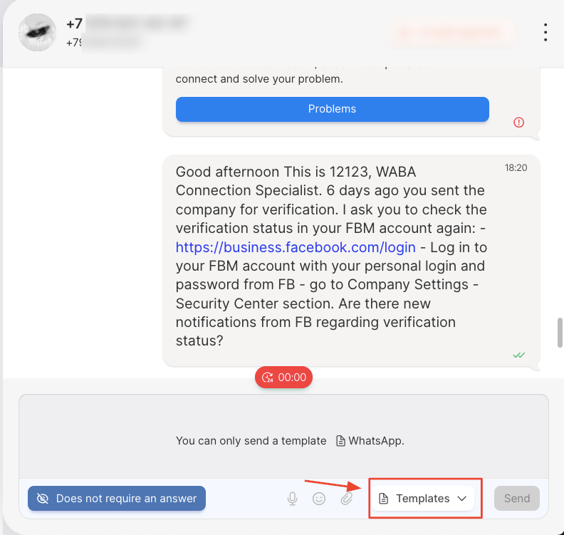 Open a list of templates in a chat with a client
