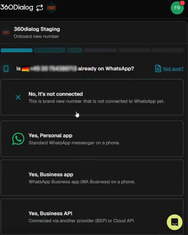 Choosing Yes, Business app in the 360Dialog onboarding window