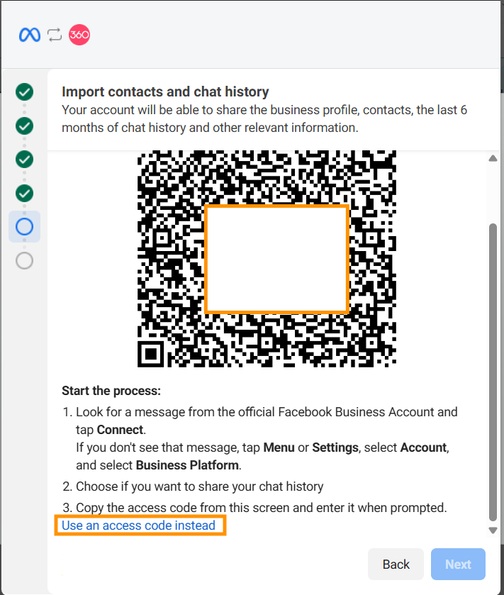 The QR code and access code for connecting the WhatsApp Business app
