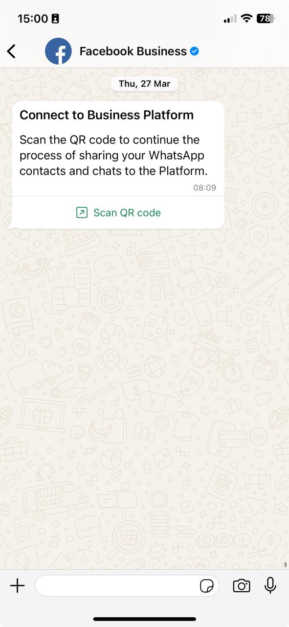 The Connect to Business Platform message in the WhatsApp Business app