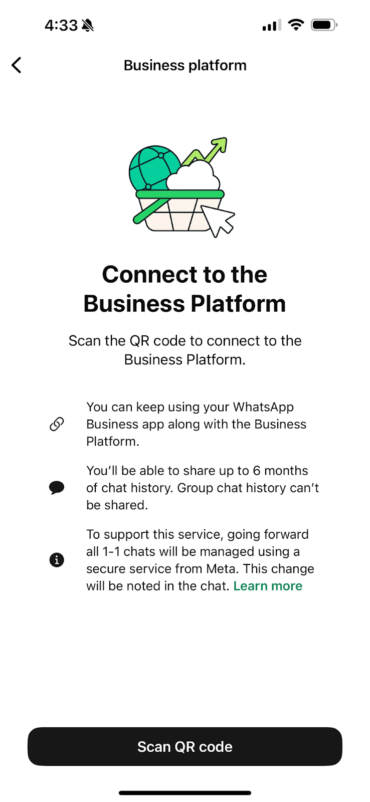 The Connect to the Business Platform screen in the WhatsApp Business app