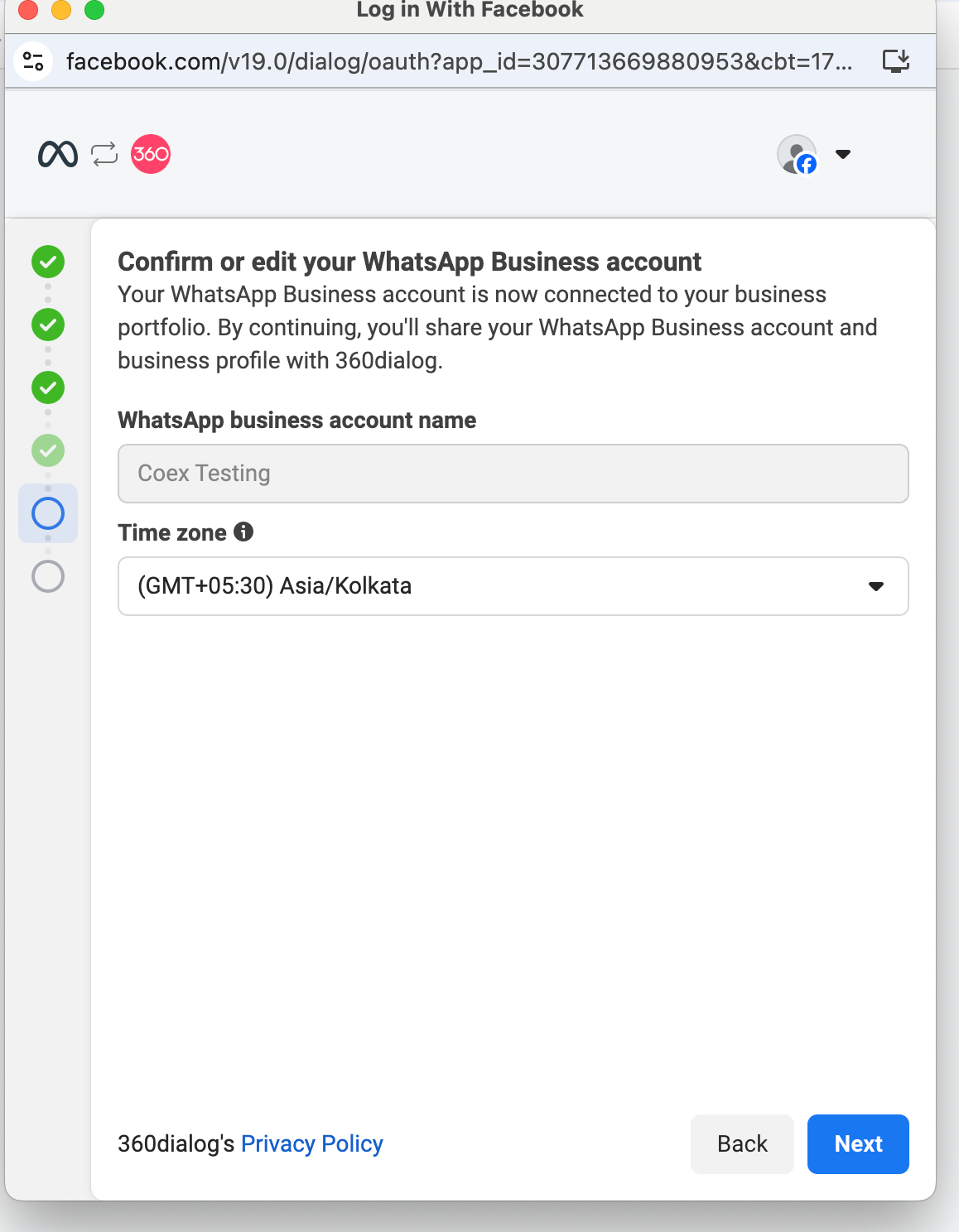 Confirming the WhatsApp Business account name and time zone