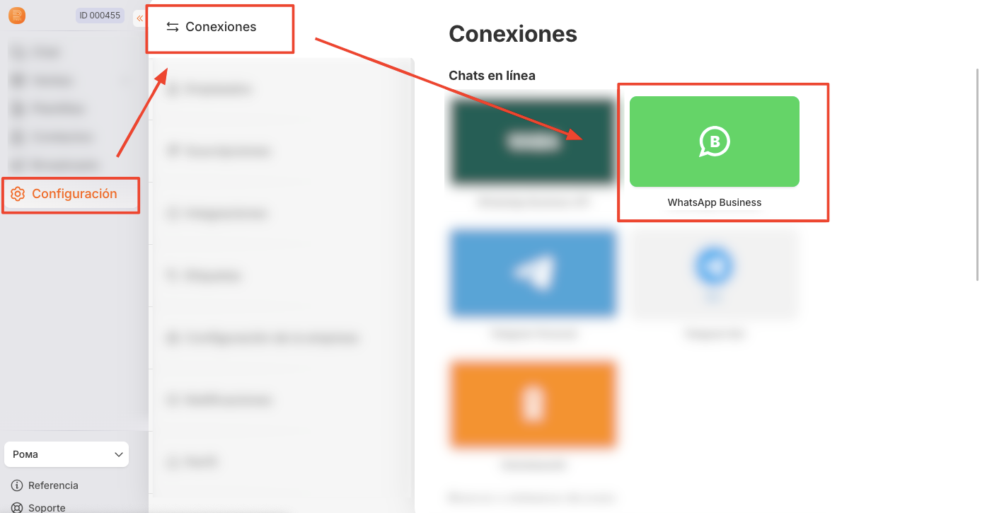 Selección de la conexión WhatsApp Business en Conexiones