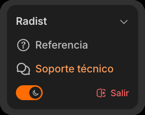 La parte de abajo del menú de RadistWeb con el tema oscuro: el interruptor de tema y el botón «Salir»