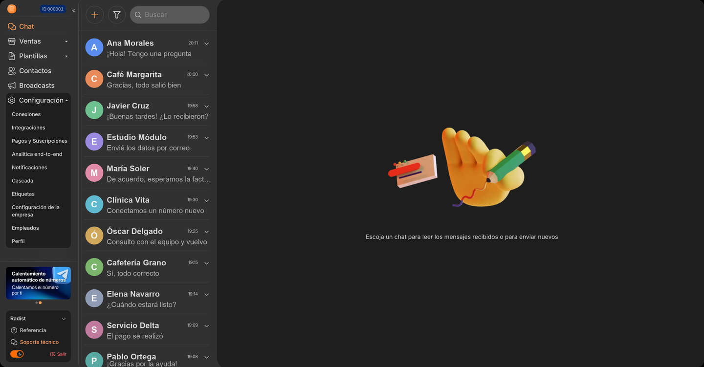 El tema oscuro: la sección «Chat» La cuenta de RadistWeb con el tema oscuro