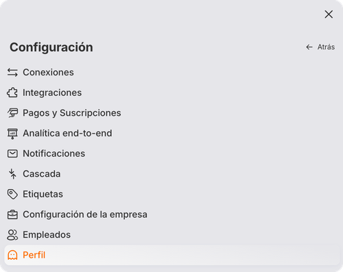La segunda pantalla con las subsecciones y el botón «Atrás» El menú de RadistWeb en el teléfono: las subsecciones de «Configuración» y el botón «Atrás»