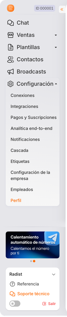 Las subsecciones de «Configuración» se despliegan en el propio menú La sección «Configuración» desplegada en el menú lateral de RadistWeb