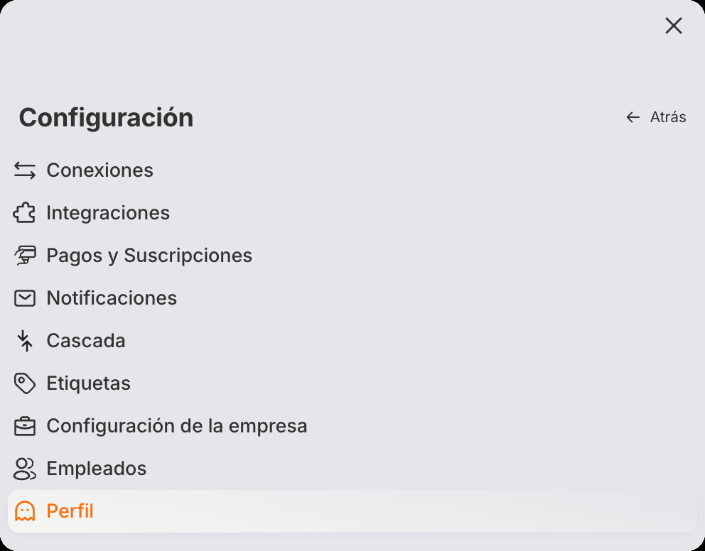 El menú de RadistWeb en el teléfono: las subsecciones de «Configuración» y el botón «Atrás»