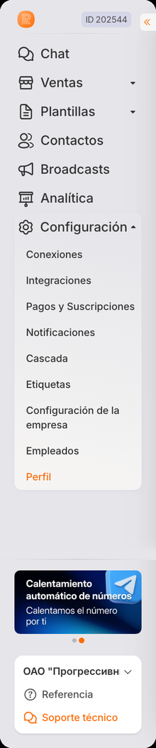 La sección «Configuración» desplegada en el menú lateral de RadistWeb