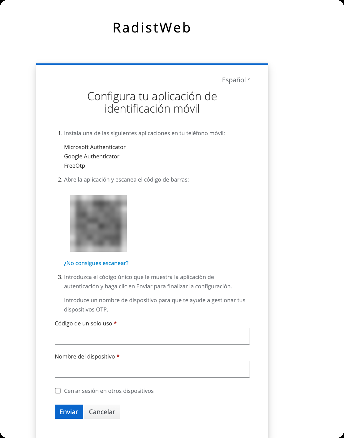 La pantalla «Configura tu aplicación de identificación móvil»: lista de apps, código QR y campo del código