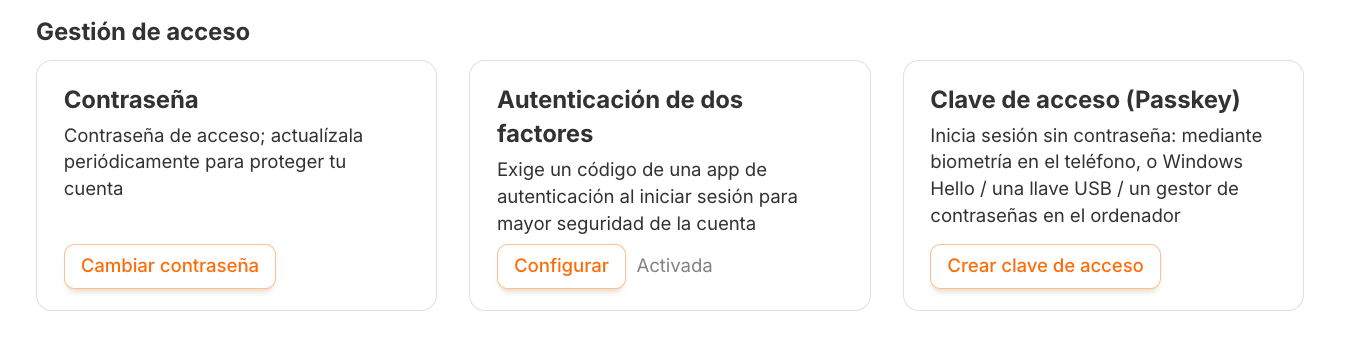 El bloque Gestión de acceso: contraseña, autenticación de dos factores y clave de acceso