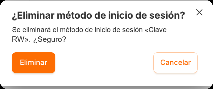La ventana «¿Eliminar método de inicio de sesión?» con los botones «Eliminar» y «Cancelar»