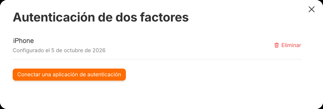 El panel «Autenticación de dos factores»: dispositivo conectado, fecha de configuración y botón «Eliminar»
