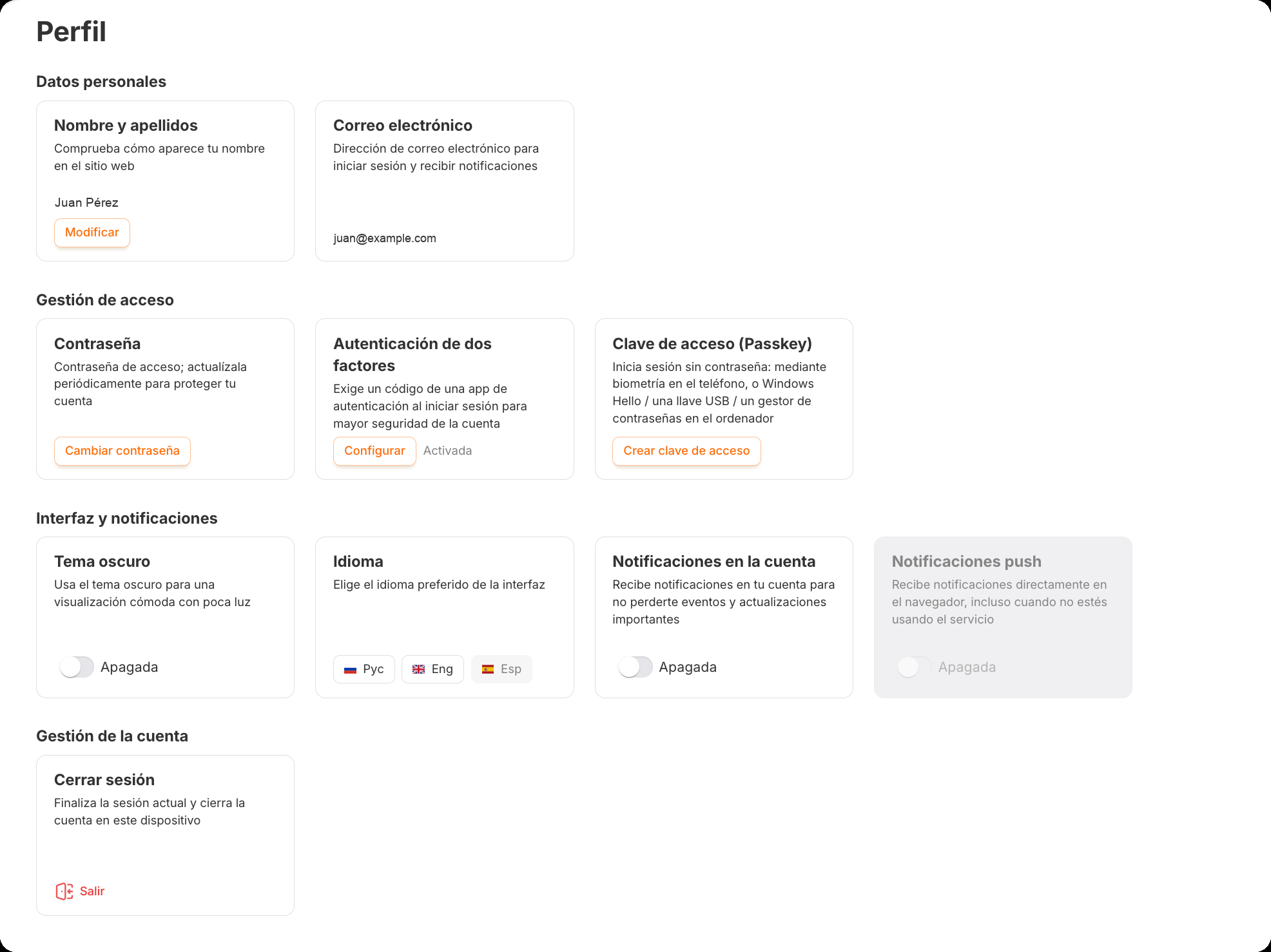 La sección Perfil en RadistWeb: datos personales, gestión de acceso, interfaz y notificaciones, gestión de la cuenta