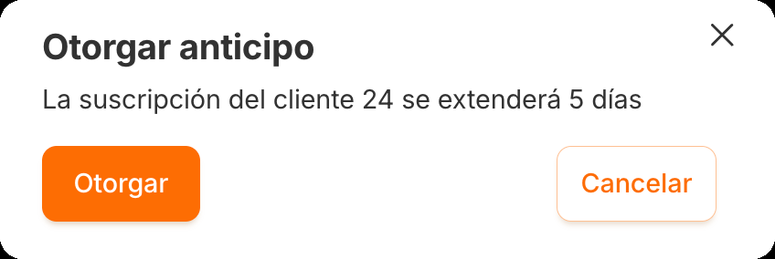 La ventana de confirmación «Otorgar anticipo» con los botones «Otorgar» y «Cancelar»