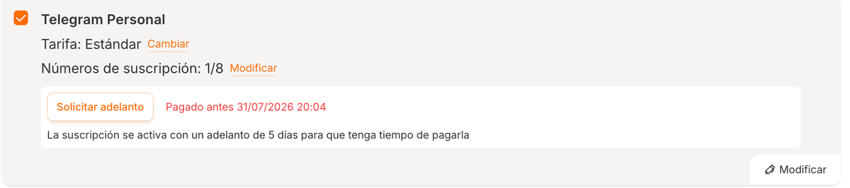 El botón «Solicitar adelanto» en la tarjeta de la suscripción Telegram Personal
