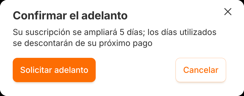 La ventana «Confirmar el adelanto» con los botones «Solicitar adelanto» y «Cancelar»