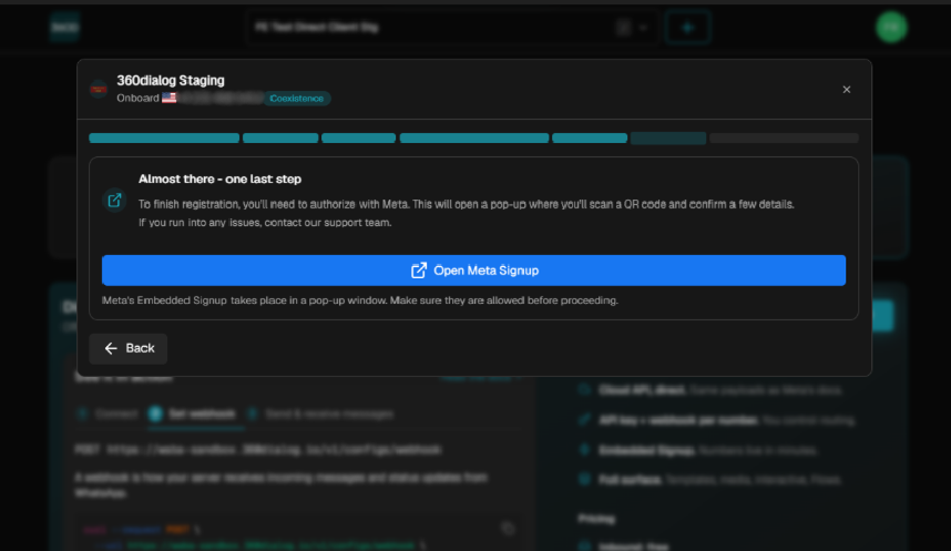 Paso al registro en Meta El botón Open Meta Signup en la ventana de 360Dialog