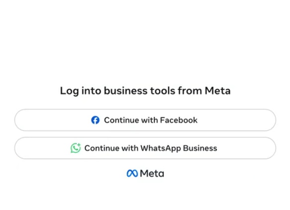 Acceso a las herramientas de negocio de Meta Ventana de inicio de sesión de Meta con Continue with Facebook y Continue with WhatsApp Business