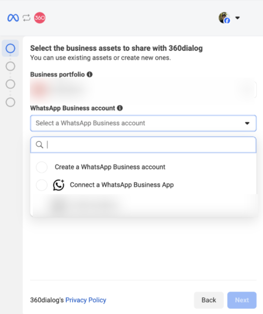 Conexión de la aplicación WhatsApp Business Elección de Connect a WhatsApp Business App en la lista de cuentas