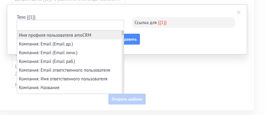 Заполнение полей шаблона значениями из amoCRM