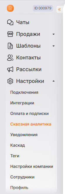 Настройки → Сквозная аналитика Подраздел «Сквозная аналитика» в меню личного кабинета RadistWeb