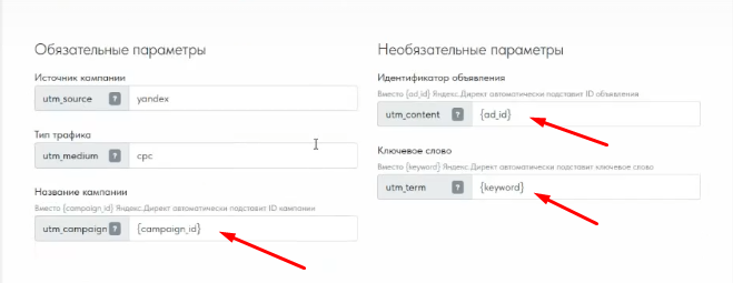 Обязательные и необязательные параметры в генераторе UTM-меток
