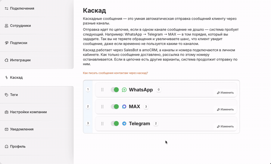 Перемещение мессенджеров в настройках каскада RadistWeb