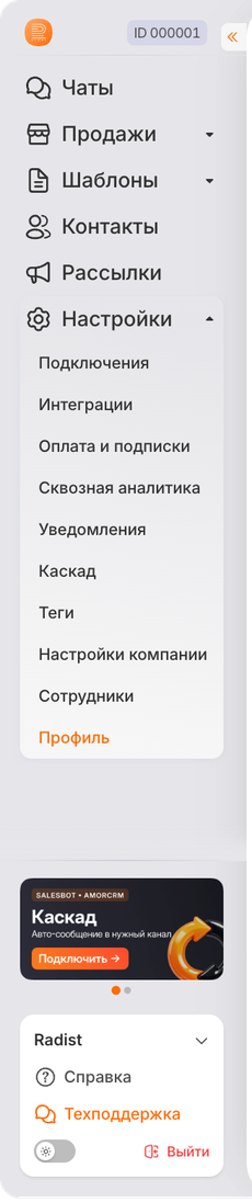 Раскрытый раздел «Настройки» в левом меню RadistWeb
