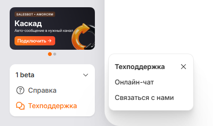 Кнопка «Техподдержка» и два варианта связи в RadistWeb