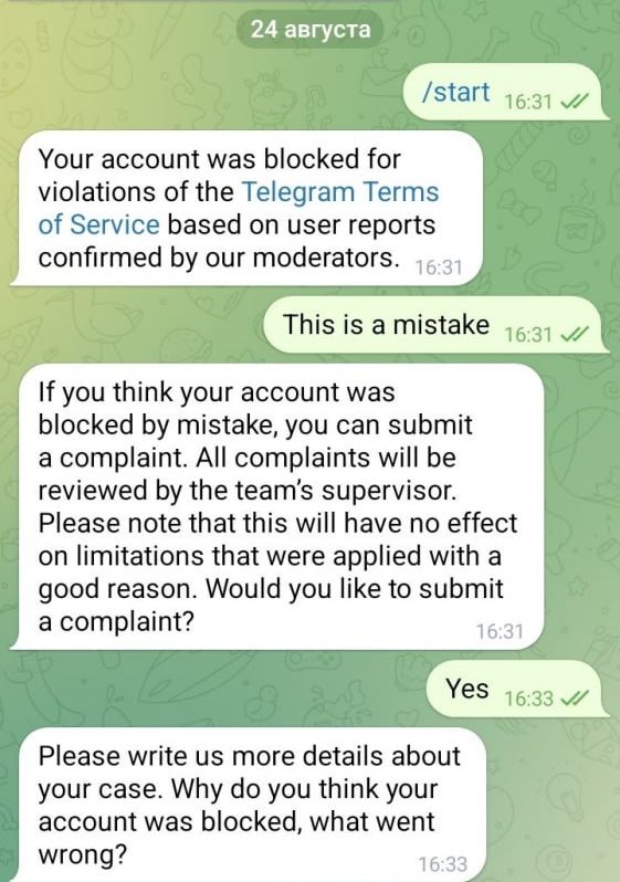 Бот @SpamBot предлагает подать жалобу и просит описать ситуацию