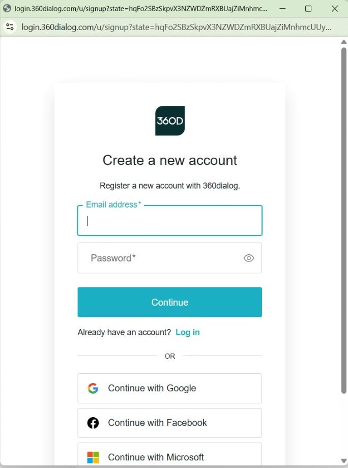 Регистрация в 360Dialog Страница создания нового аккаунта в 360Dialog