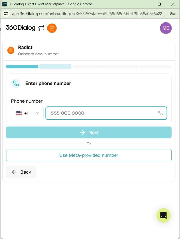 Ввод подключаемого номера Ввод номера телефона при подключении в 360Dialog