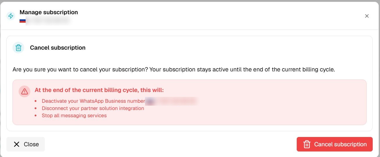 Окно Manage subscription с кнопкой Cancel subscription
